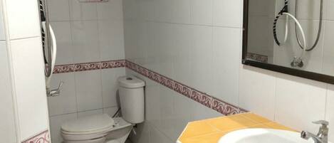 A bathroom with a toilet, a sink, and a shower.