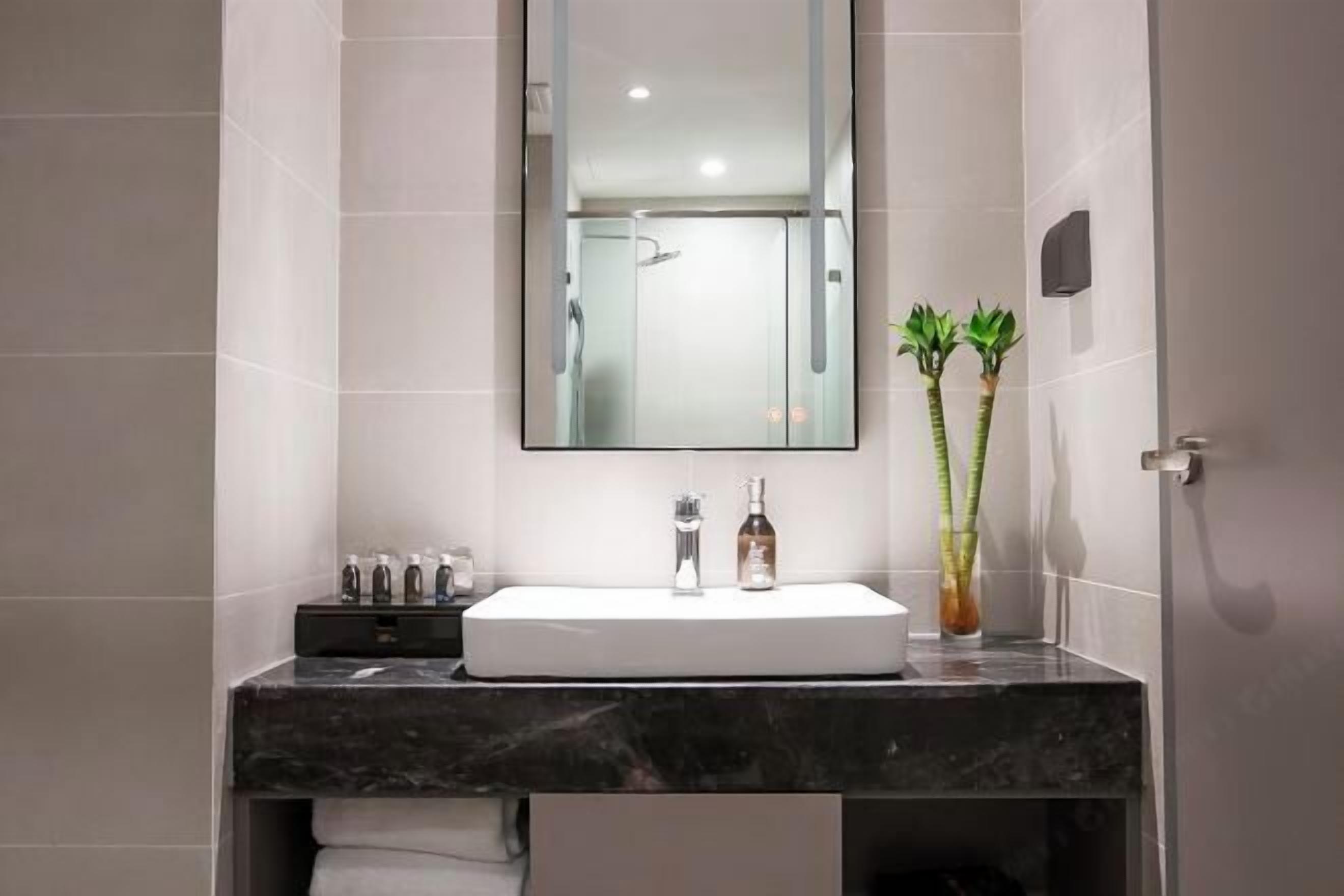 Un baño moderno con un lavamanos blanco, cabina de ducha con mampara de vidrio y dos plantas en macetas.
