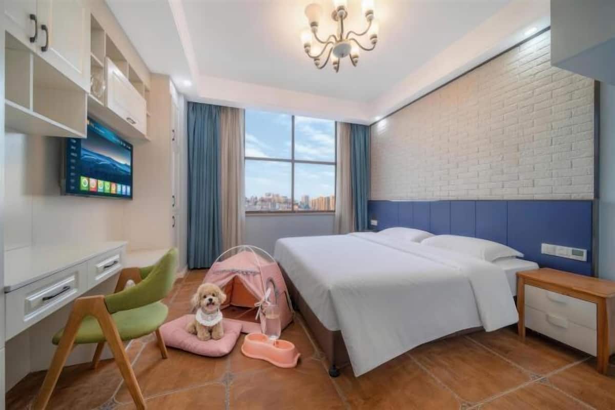 A hotel room with a bed, a desk, a chair, a TV, a window with curtains, a brick wall, and a city view.
