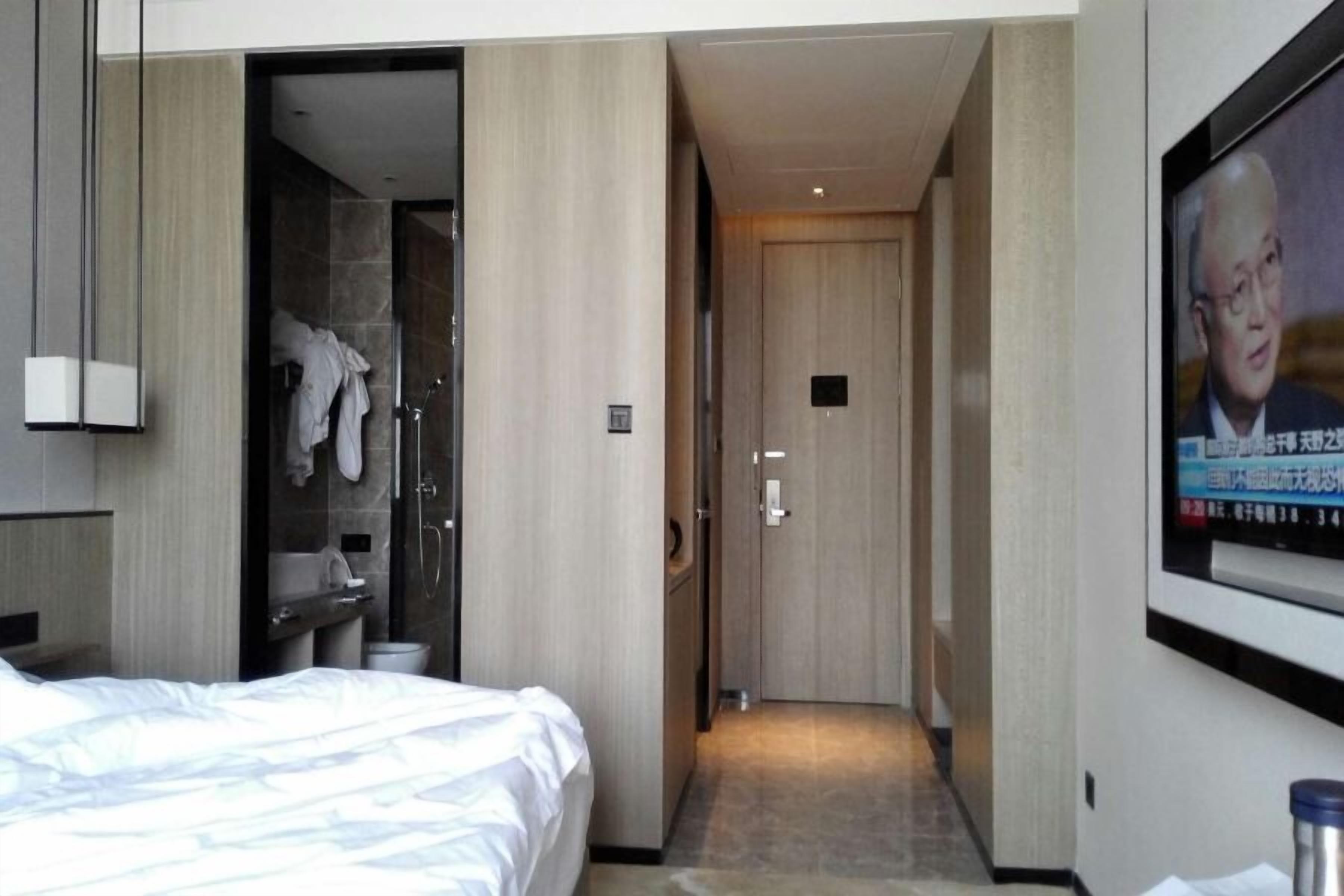 Une chambre d’hôtel avec un lit, une salle de bain avec douche et un téléviseur fixé au mur.