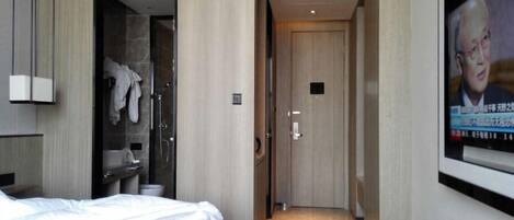 Une chambre d’hôtel avec un lit, une salle de bain avec douche et un téléviseur fixé au mur.