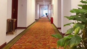 A hotel hallway with a patterned carpet, wooden doors, and a potted plant. - Greentree Inn Chengdu Chongzhou Shiji Avenue Longt (Chengdu)