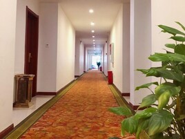 Un pasillo de hotel con alfombra estampada, puertas de madera y una planta en maceta.
