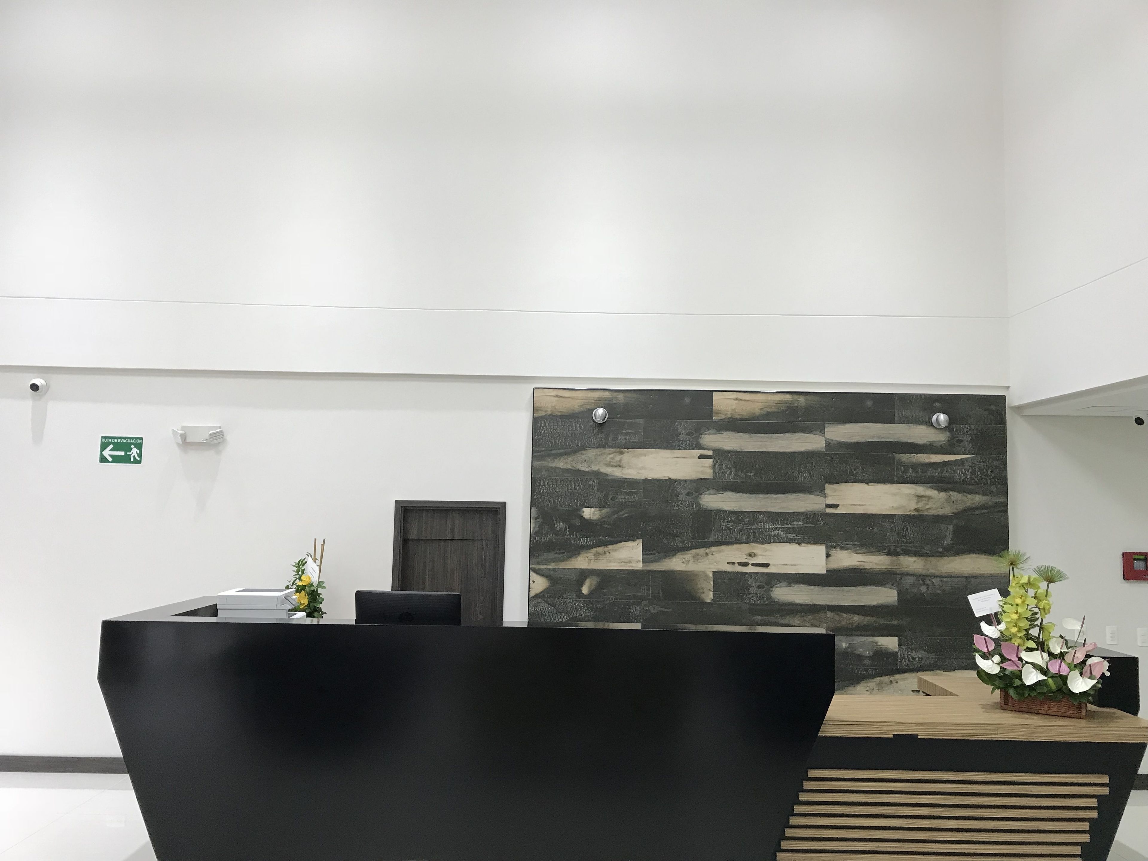 A reception area with a black reception desk, a wooden panel wall, and a small plant.