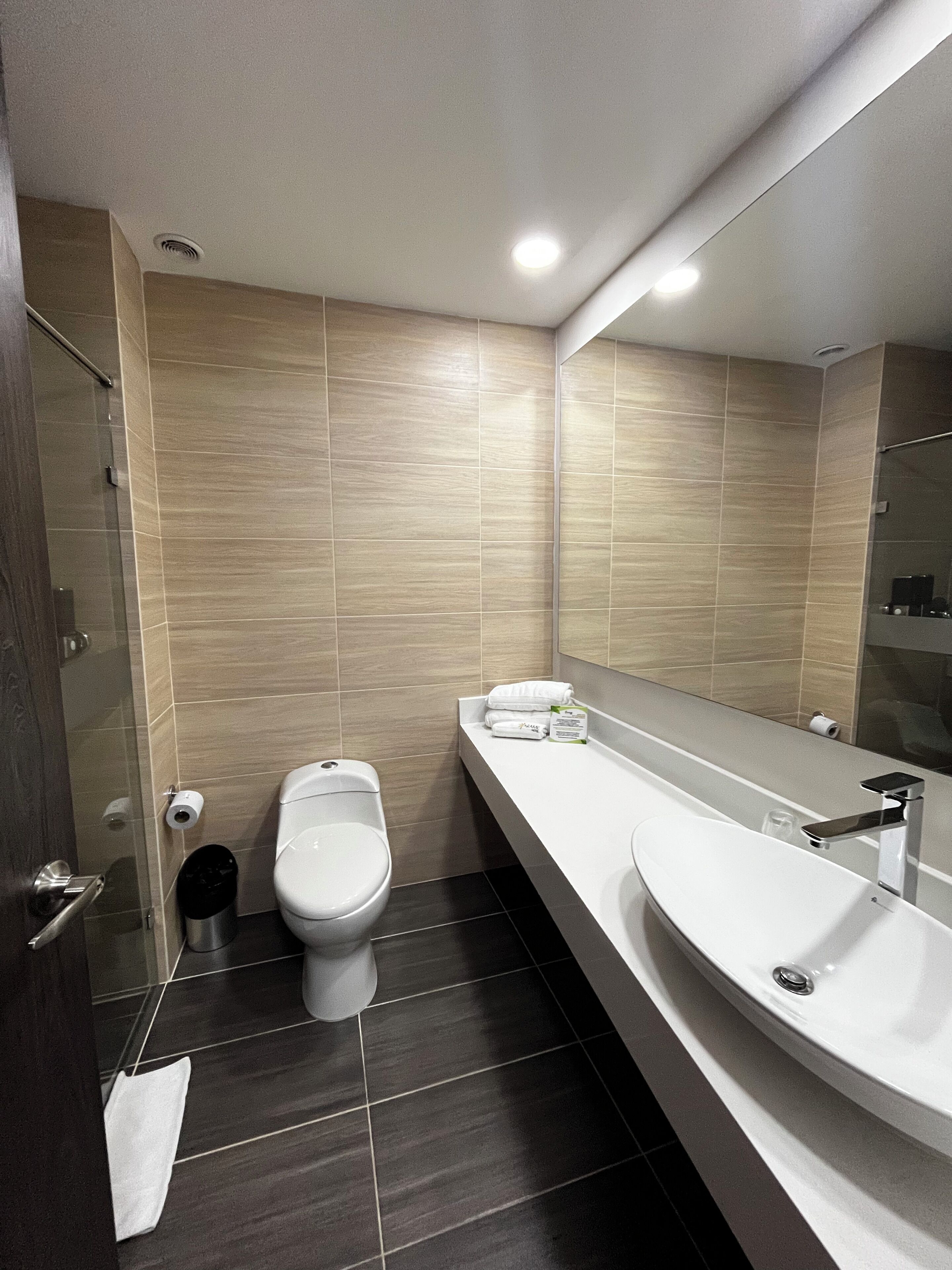 A modern bathroom with a toilet, bidet, and a large mirror above a sink.