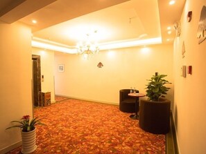 A hallway with a carpeted floor, a chandelier, a potted plant, and a small table with bottles. - GreenTree Inn SuZhou International Film City South JinShan Road Express Hotel (Suzhou)