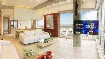 Grand Apartment, 2 Bedrooms, River View | Living area | 50-inch Smart TV with digital channels, TV, Netflix