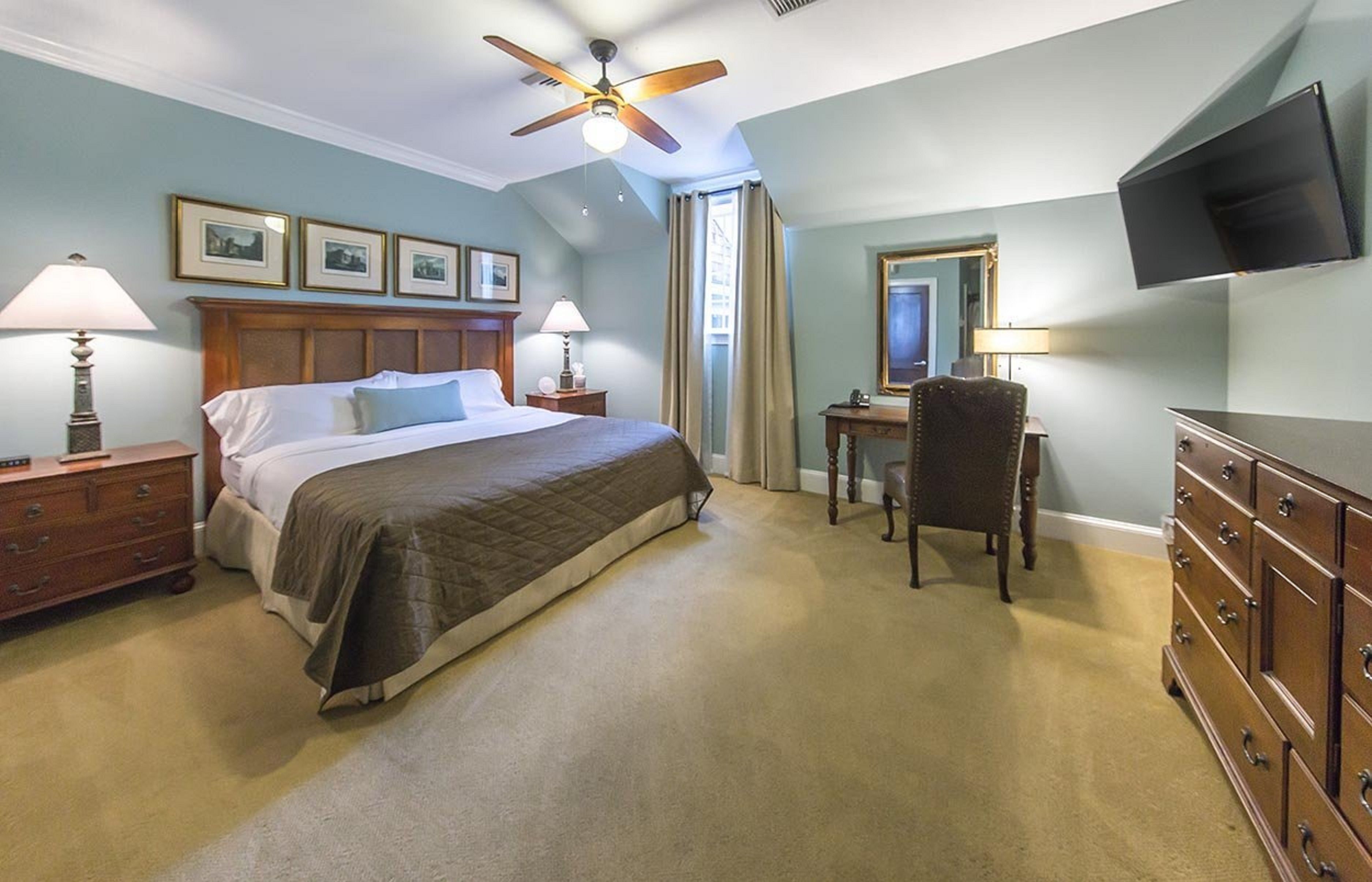 Premium bedding, desk, blackout curtains, iron/ironing board