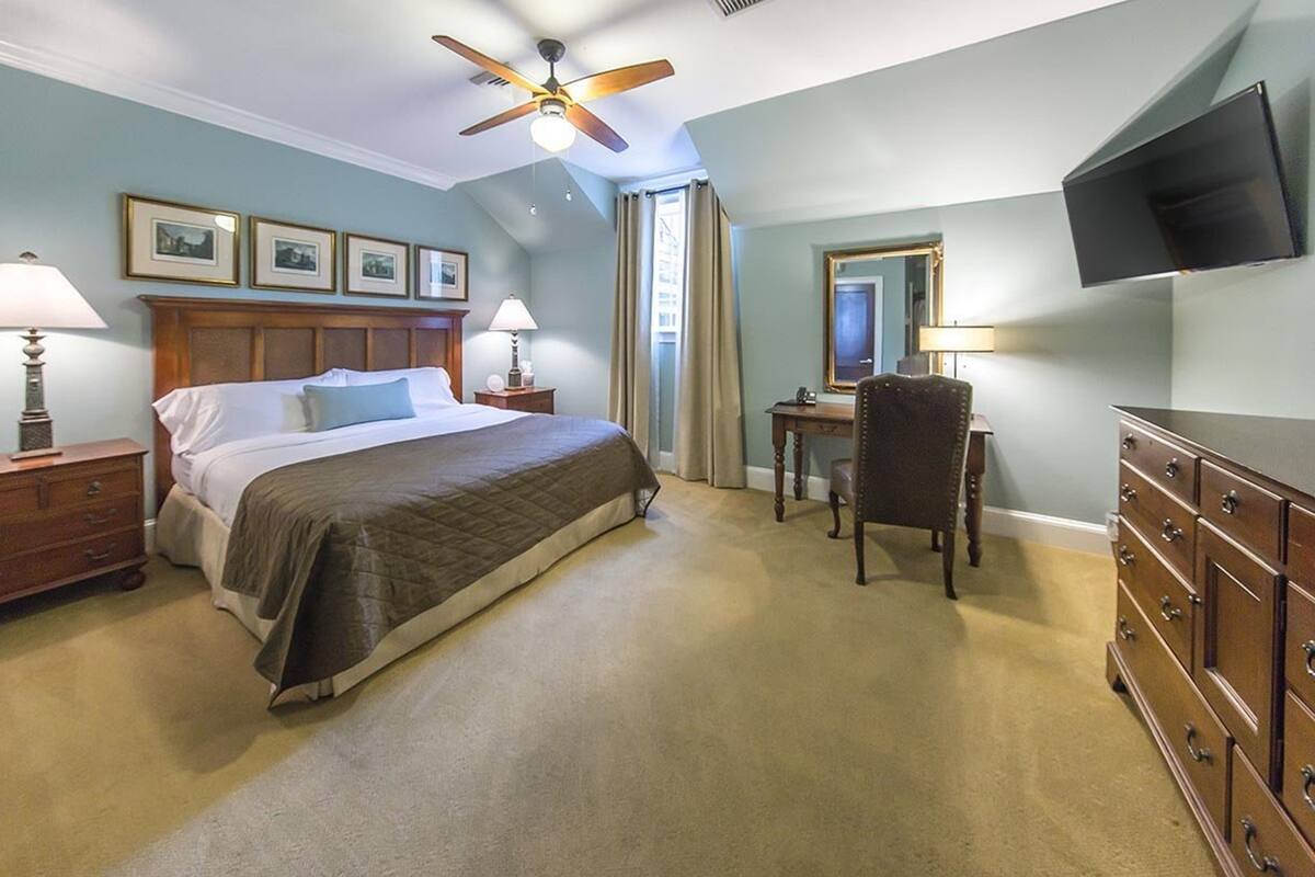 Premium bedding, desk, blackout curtains, iron/ironing board