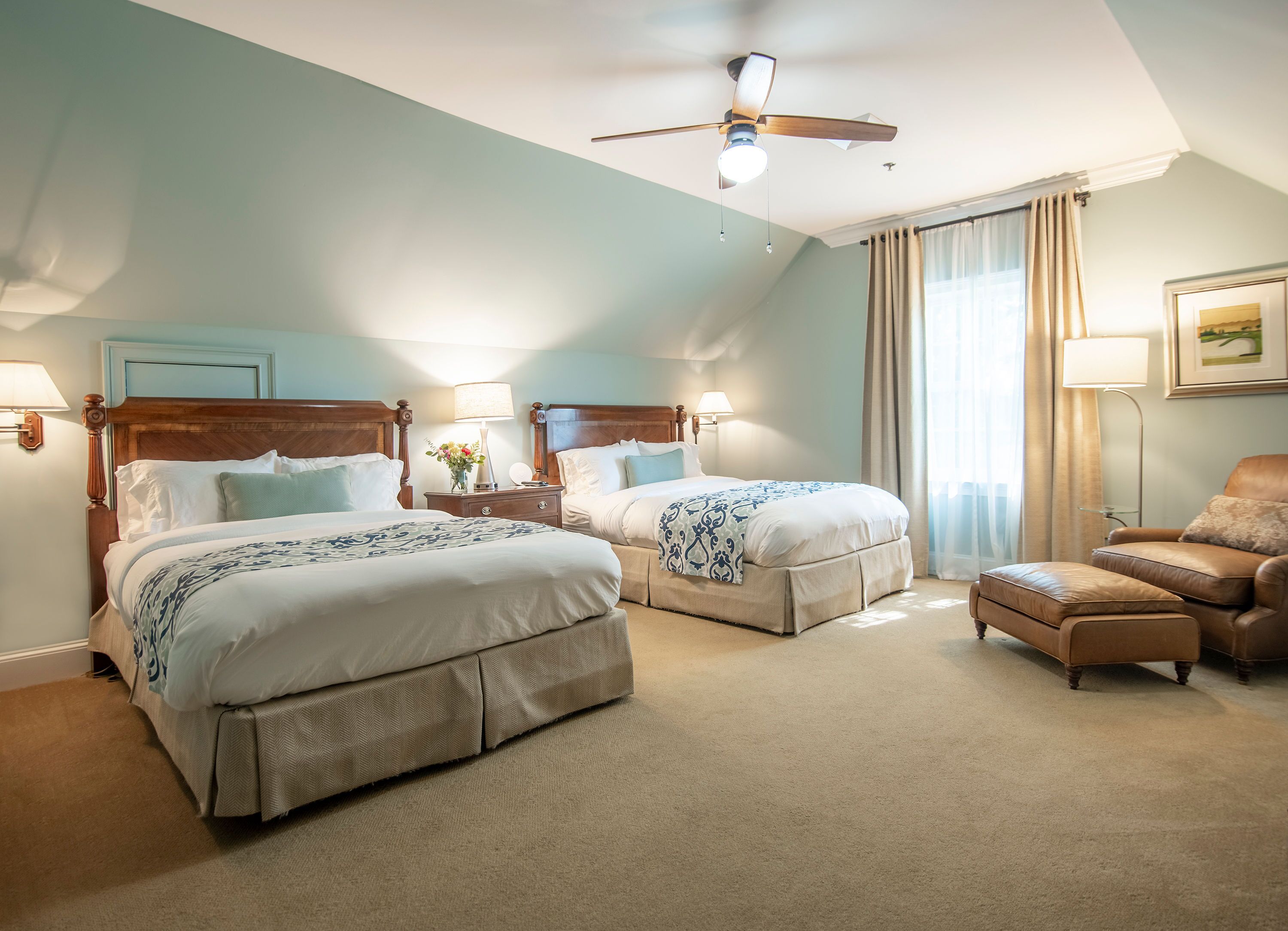 premium bedding, desk, blackout curtains, iron/ironing board