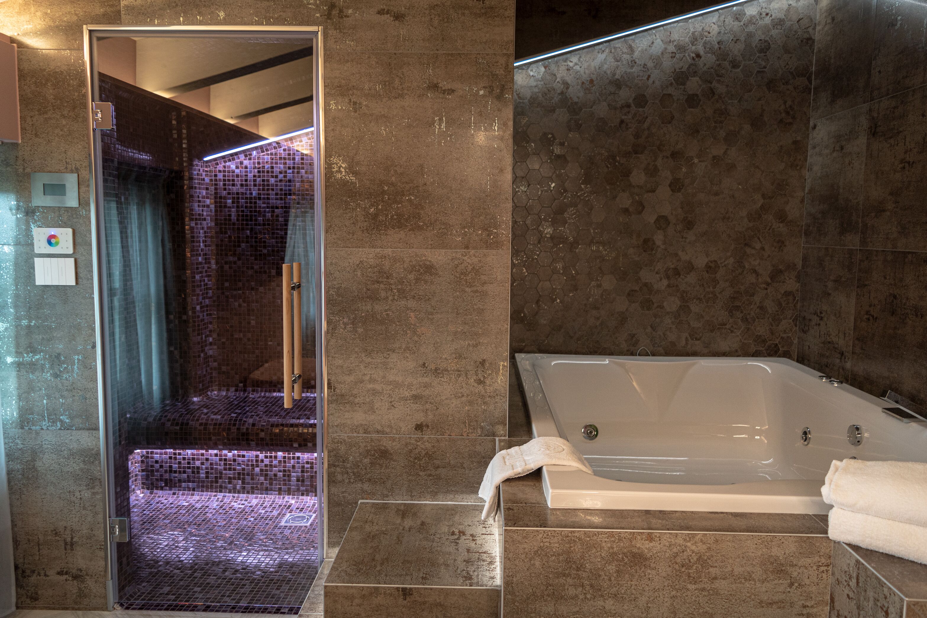 A modern bathroom with a glass-enclosed shower, a large bathtub, and a tiled floor.