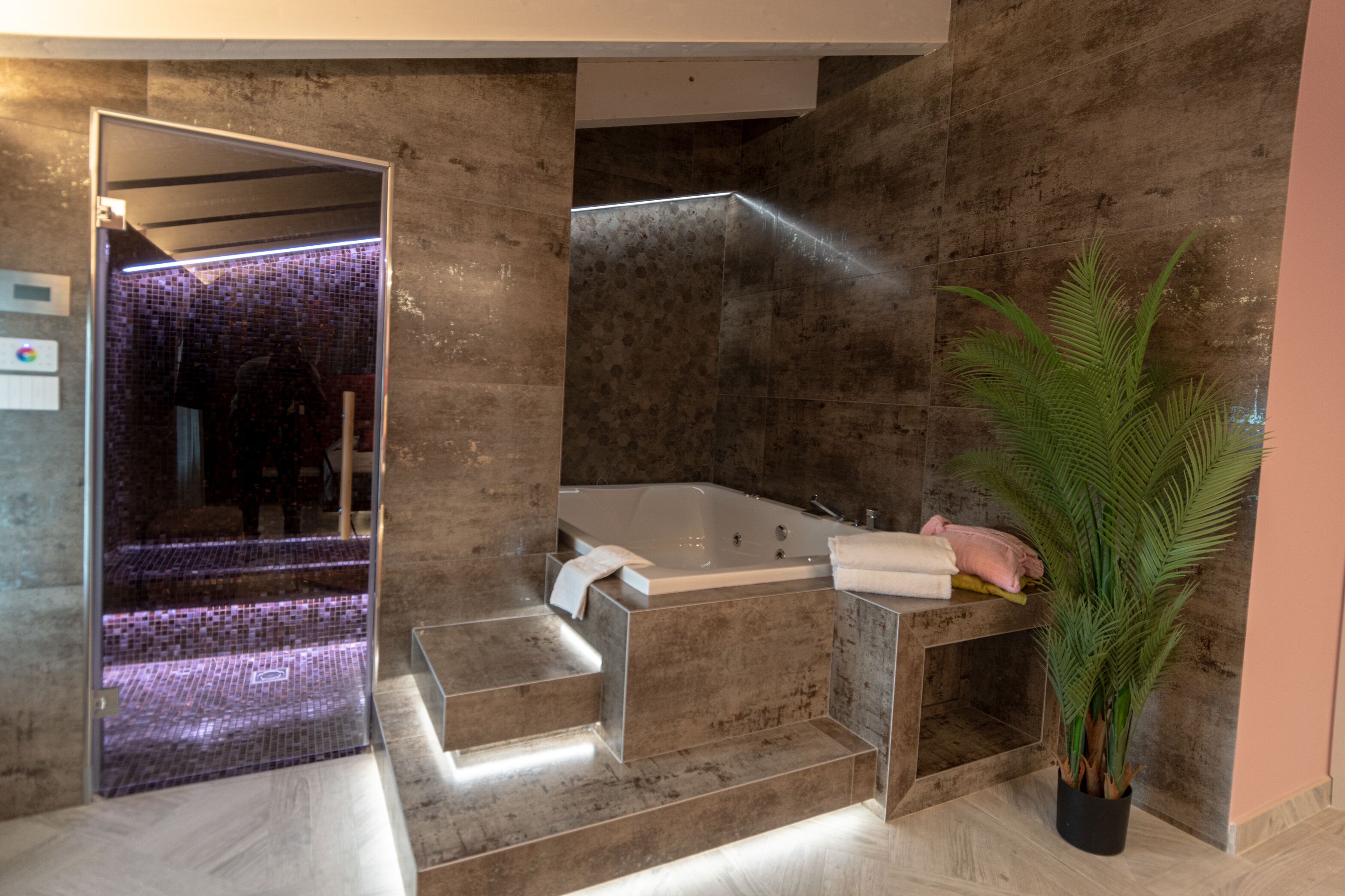 A modern bathroom with a large bathtub, a mirror, and a potted plant.