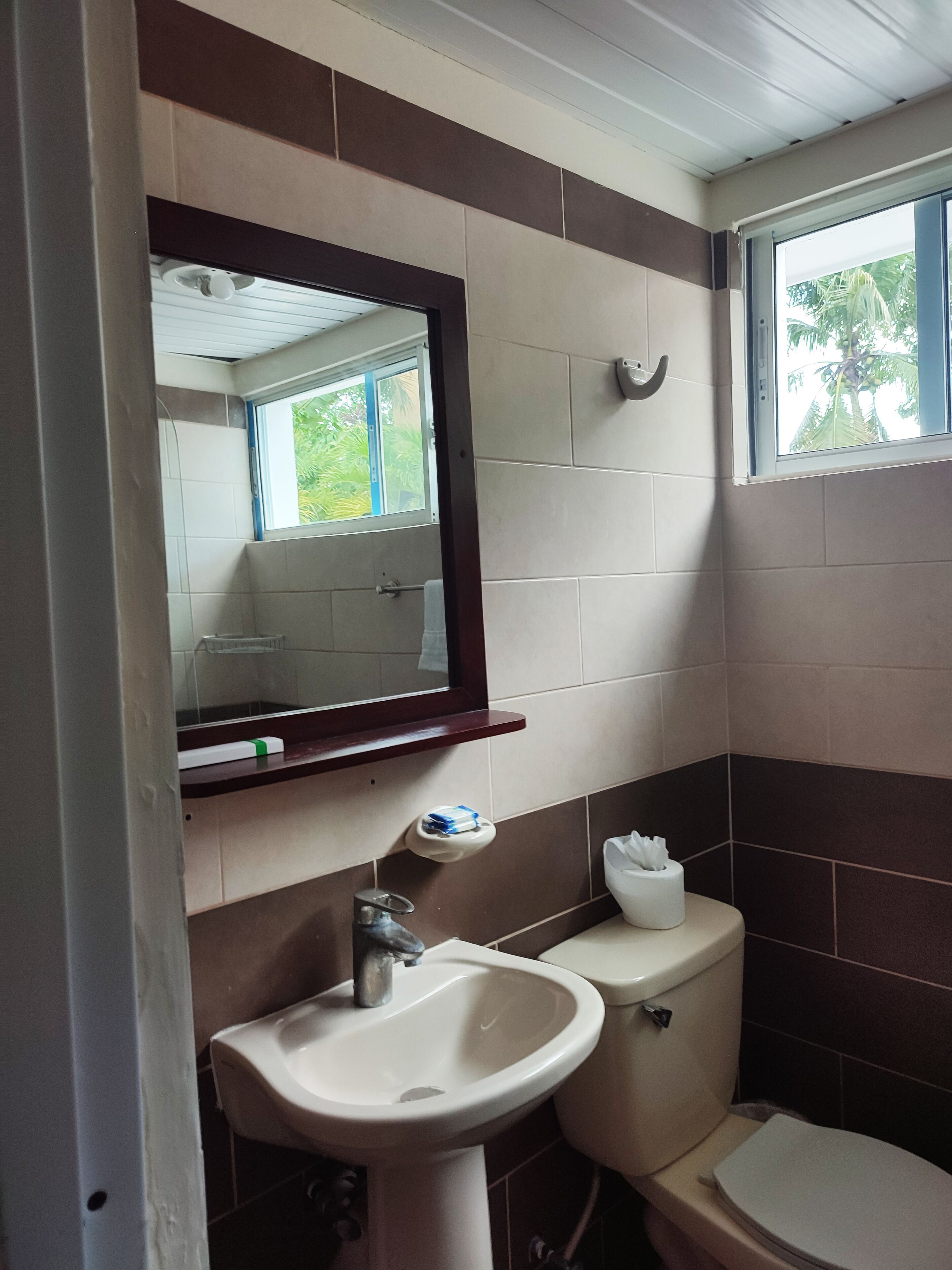 A bathroom with a sink, toilet, and a mirror.