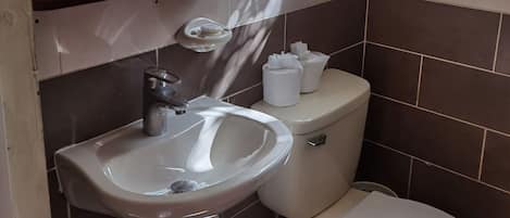 A bathroom with a white sink, a toilet, and a mirror above the sink.