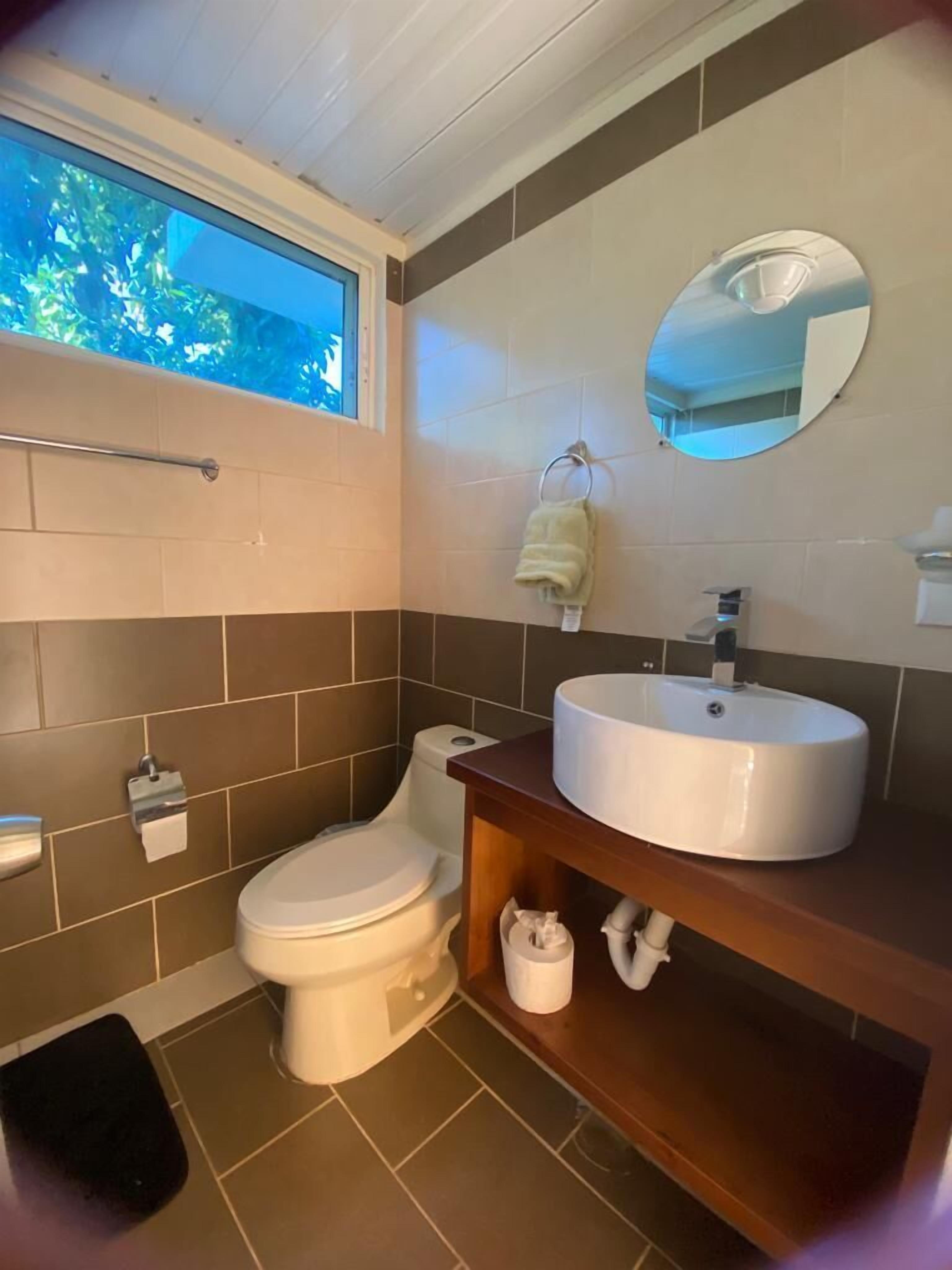 A bathroom with a toilet, sink, mirror, and window.