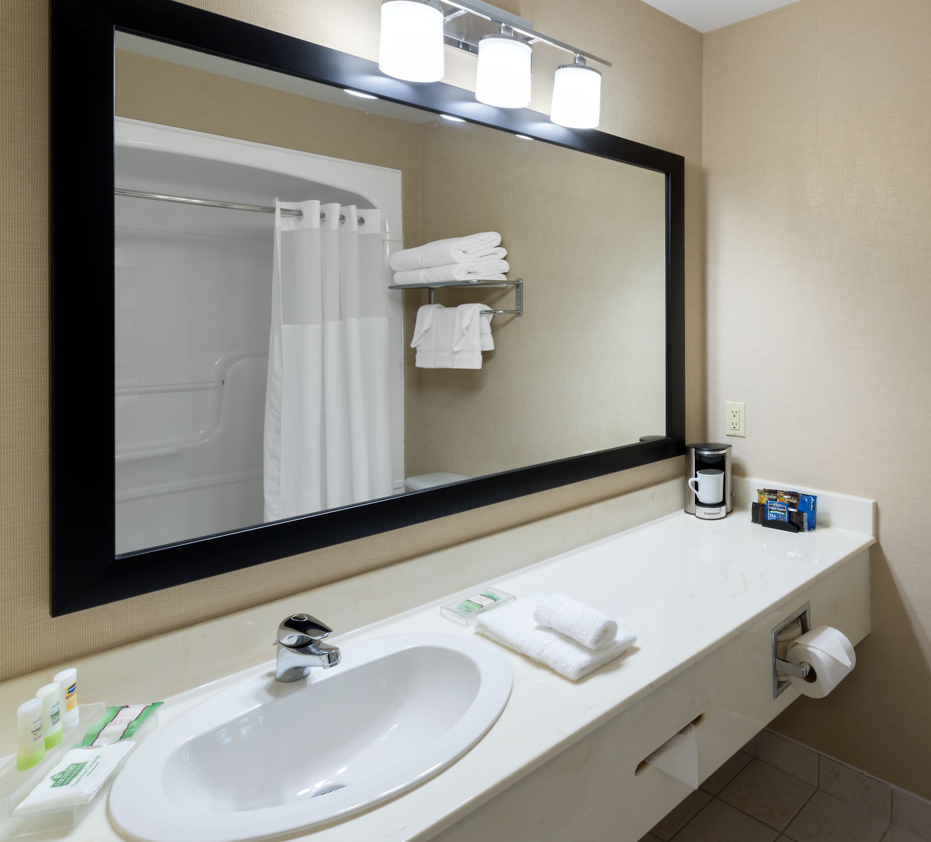 combined shower/bathtub, free toiletries, hair dryer, towels