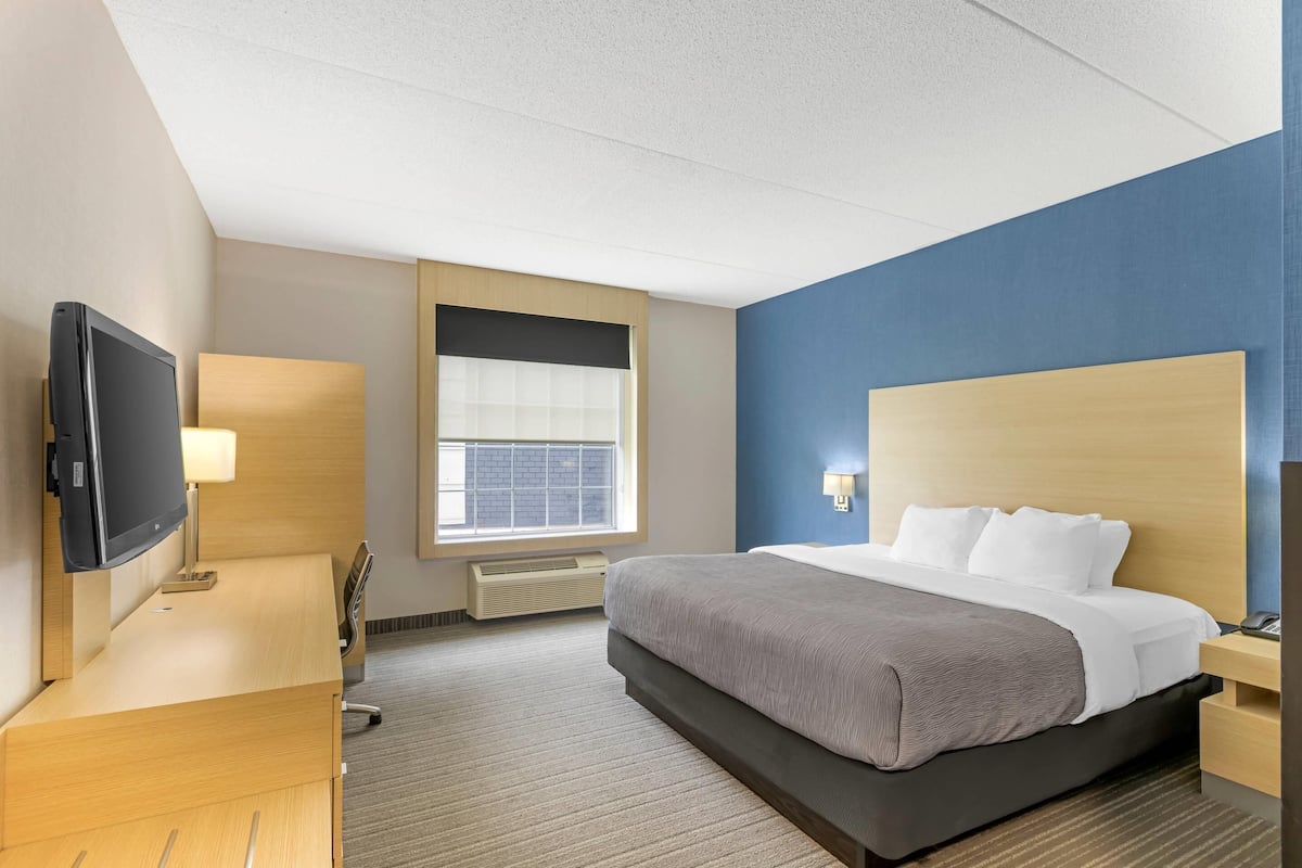 Una habitación de hotel con cama, escritorio, televisor y ventana con persianas.