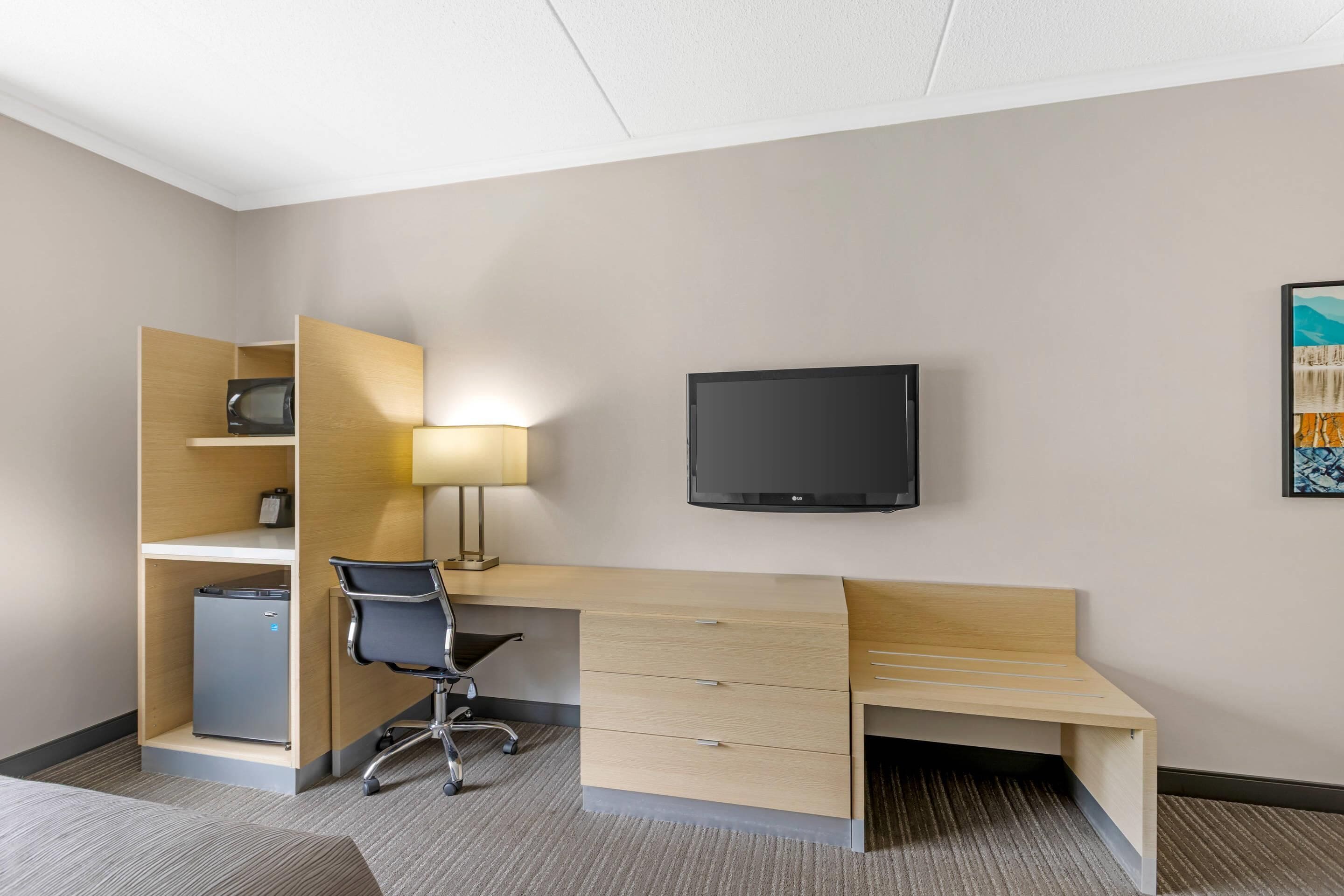 hypo-allergenic bedding, desk, blackout curtains, iron/ironing board