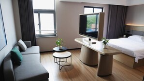 Habitación de hotel moderna con sofá, una mesita redonda, televisor, cama y ventana con cortinas.