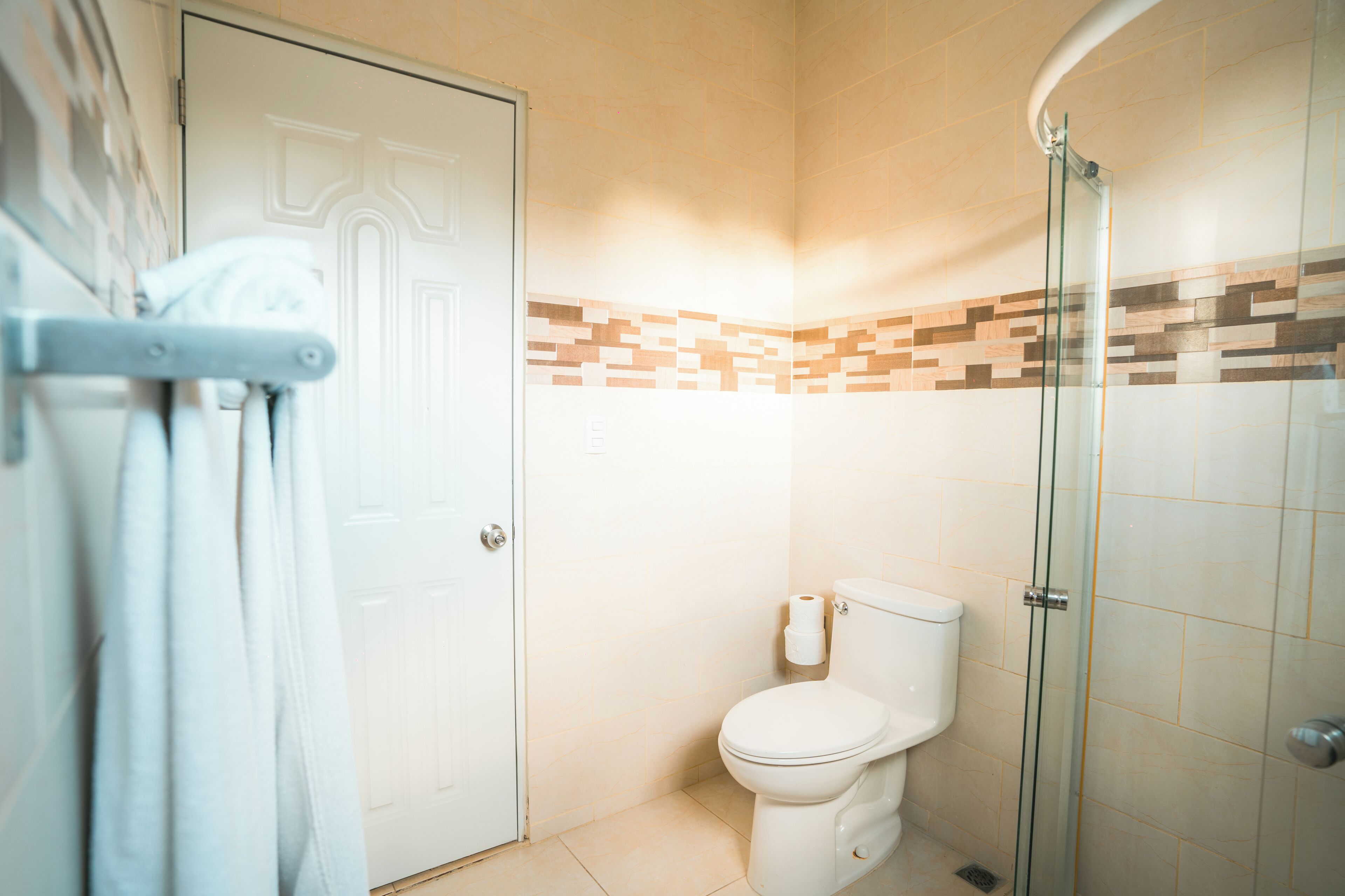 A bathroom with a toilet, a glass shower enclosure, and a towel rack.