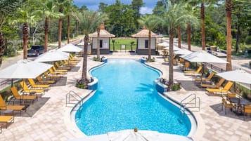 Outdoor pool, pool umbrellas, sun loungers