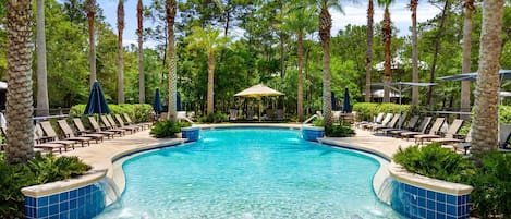 Outdoor pool, pool umbrellas, pool loungers