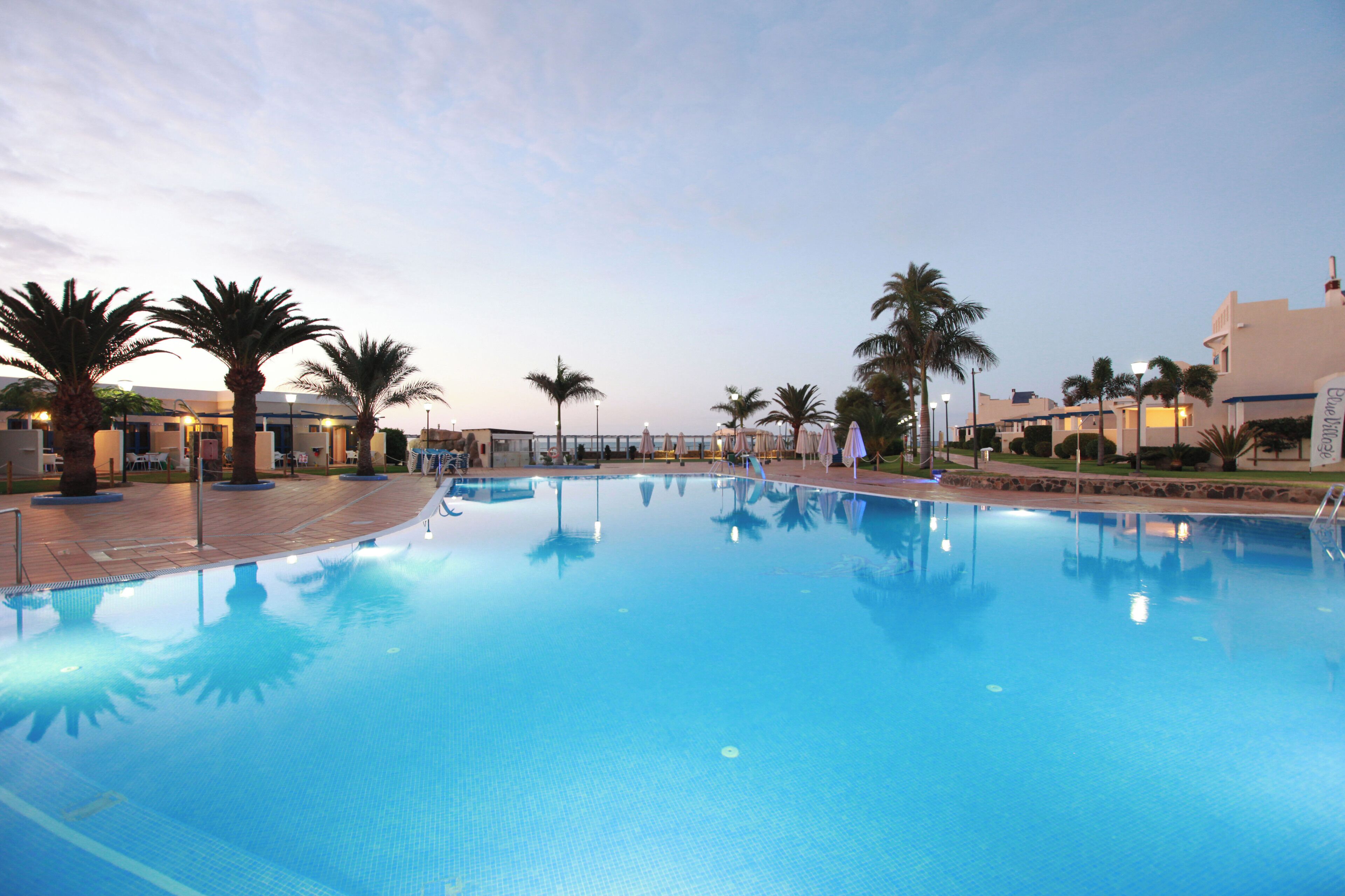 A swimming pool with palm trees and a building in the background.