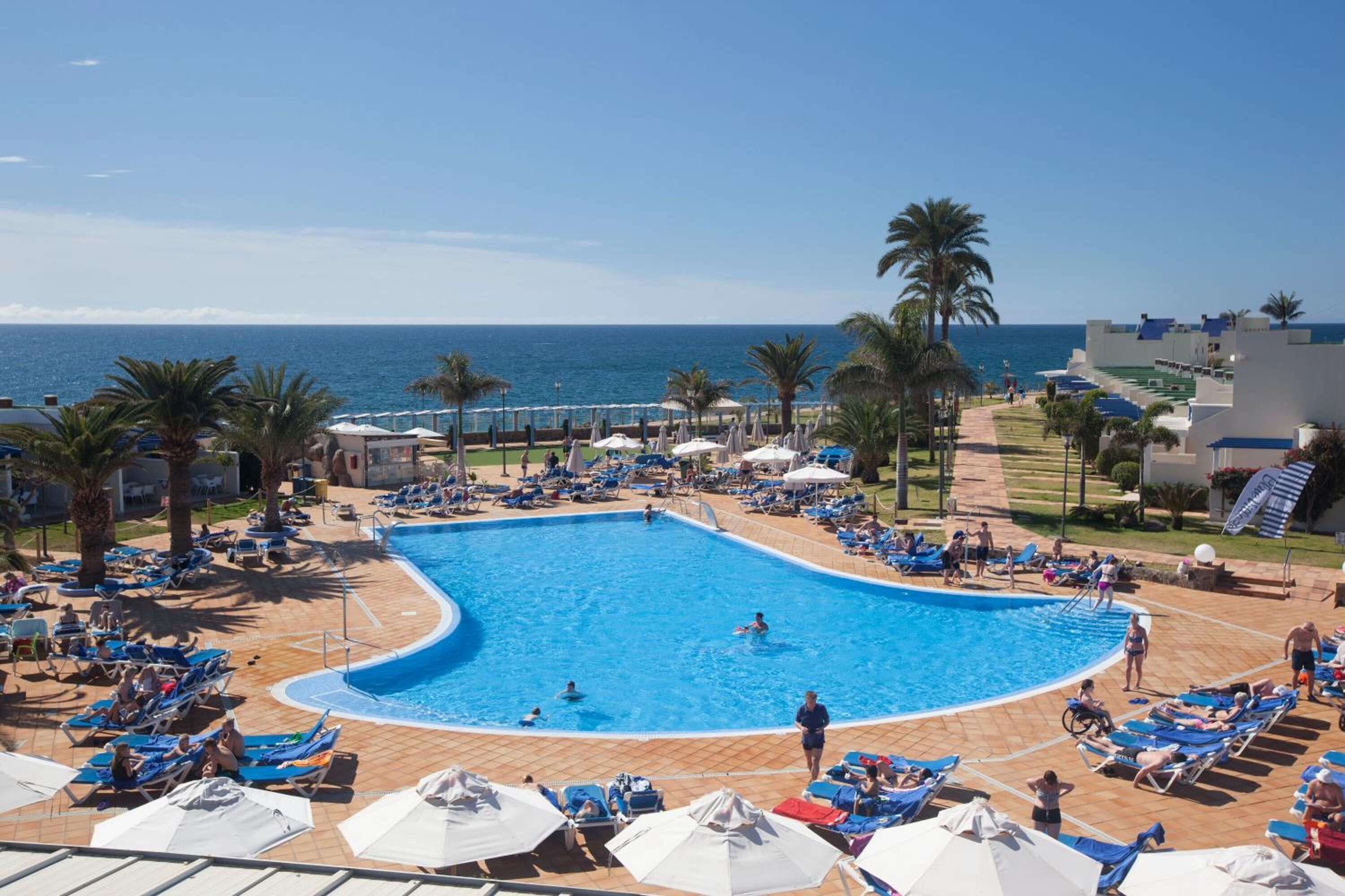 Zona de piscina con vista despejada al océano, rodeada de palmeras y sillas de descanso.