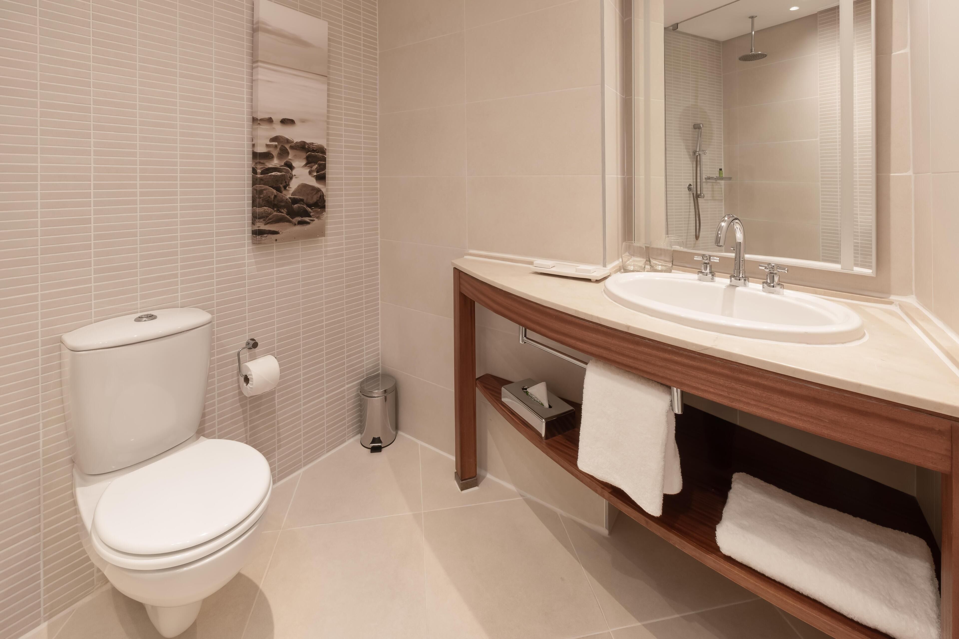 A modern bathroom with a toilet, sink, and mirror.