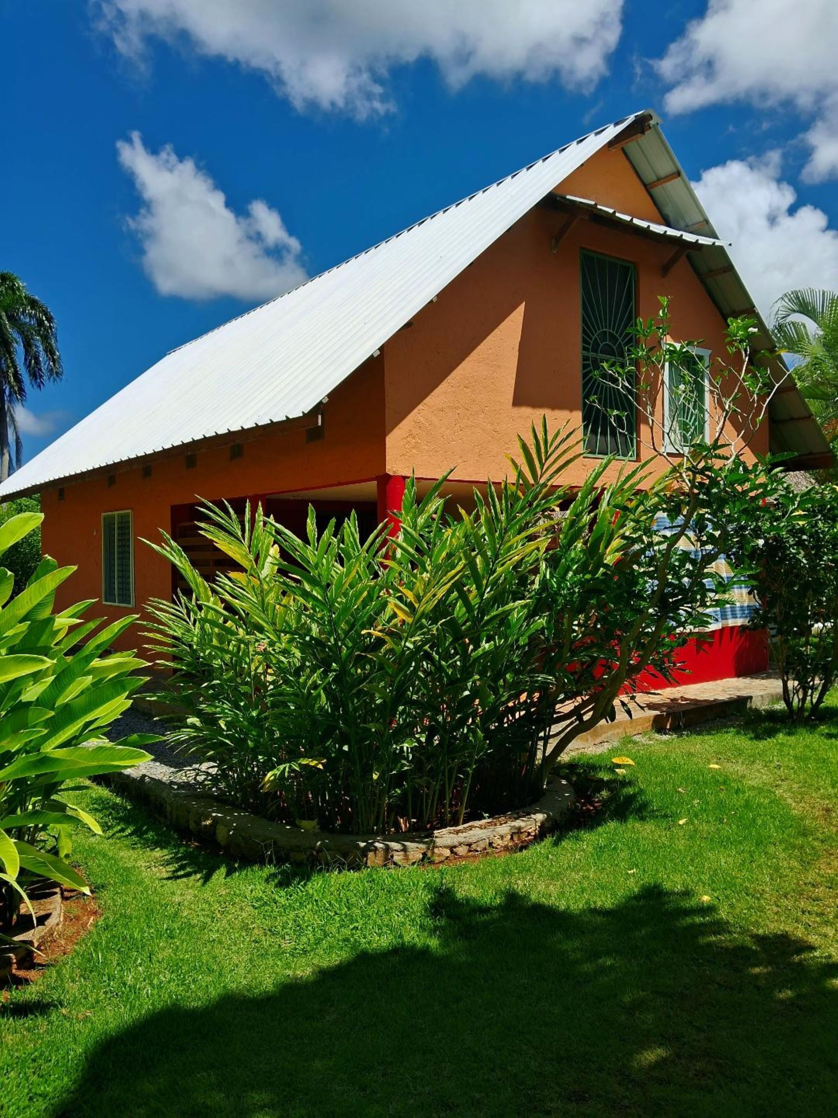 A house with a sloped roof, surrounded by lush greenery.