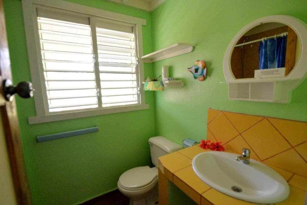 Een badkamer met een groene wand, een wit toilet, een geel wastafelmeubel en een raam met zonwering.