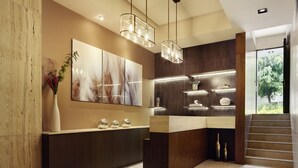 A modern kitchen with a wooden countertop, pendant lights, and a large window. - Felix Luxury Plus by Viadora (Mexico City)