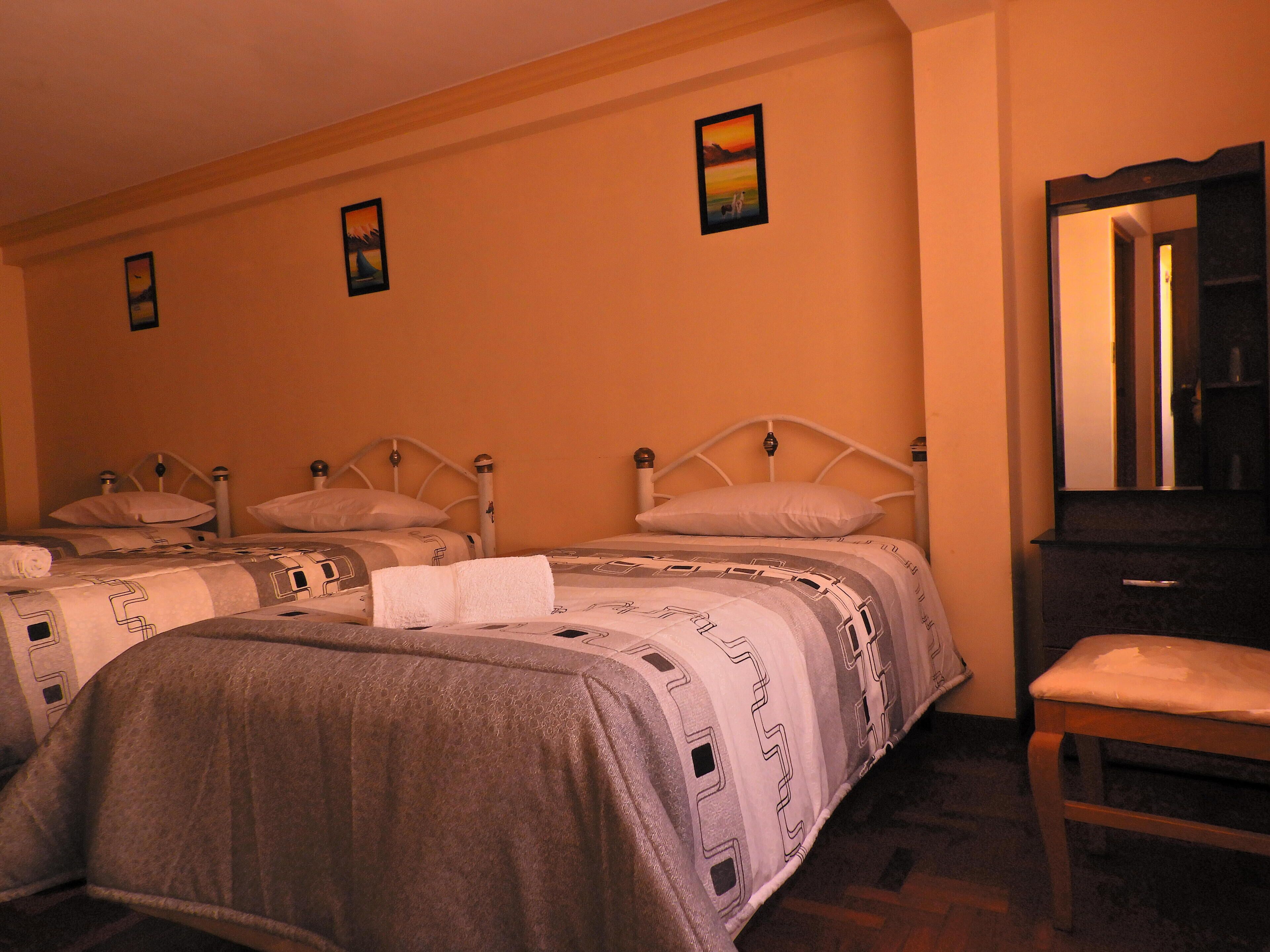 Habitación de hotel con dos camas, cada una con cabecero y almohadas, una silla de madera, un tocador y un espejo.