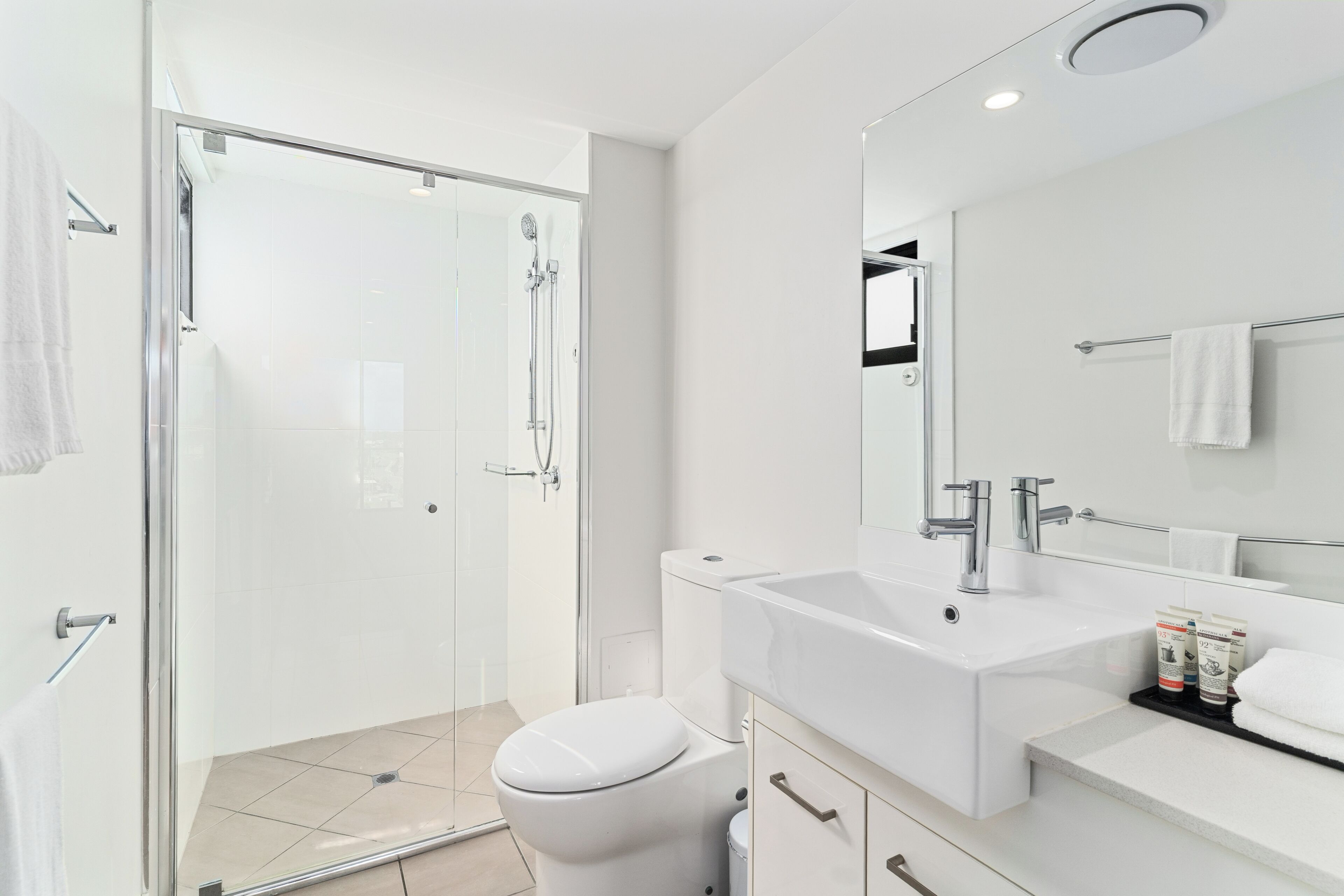 Shower, free toiletries, hair dryer, towels