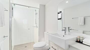 Shower, free toiletries, hair dryer, towels