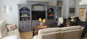 Smart TV, chimenea, reproductor de DVD y libros 