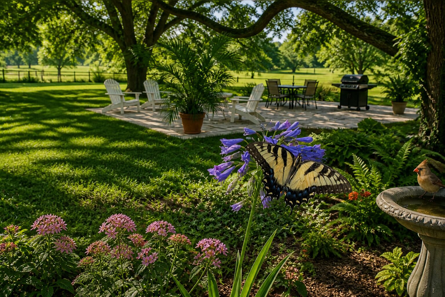 Een tuin met een vlinder, stoelen, een tafel en een vogelbad.