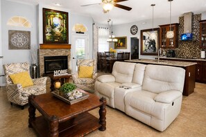Smart TV, fireplace, DVD player, books