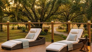 Ein Poolbereich mit zwei Liegestühlen, einem kleinen Tisch mit einer Pflanze und Blick auf einen Garten mit Bäumen.