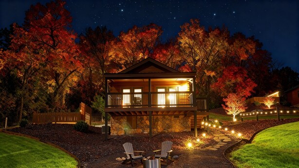 A two-story cabin with a stone foundation, a balcony, and a well-lit patio area with outdoor seating.