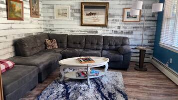 Flat-screen TV, DVD player, books