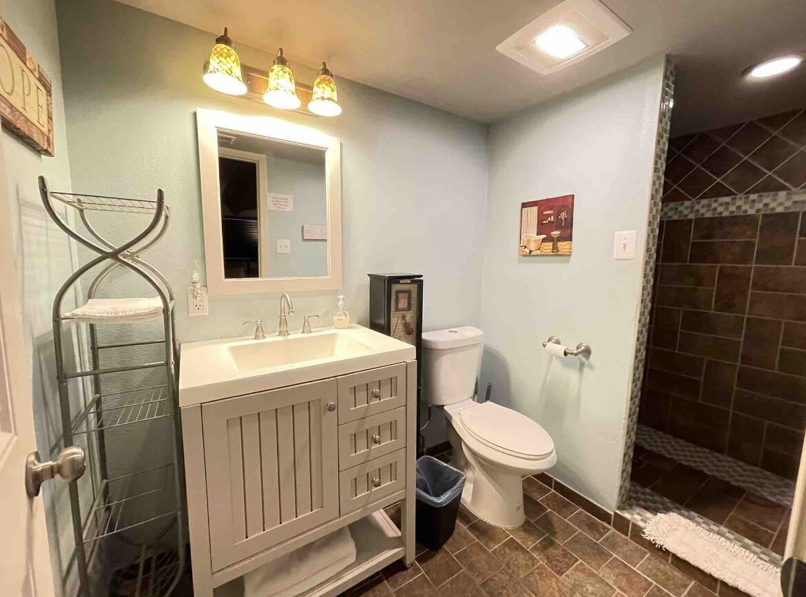 Hair dryer, towels, soap, toilet paper