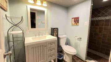 Hair dryer, towels, soap, toilet paper