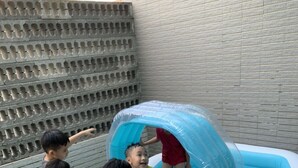 Un grupo de niños jugando en una piscina inflable pequeña.