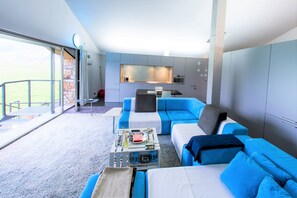 Smart TV, fireplace, books