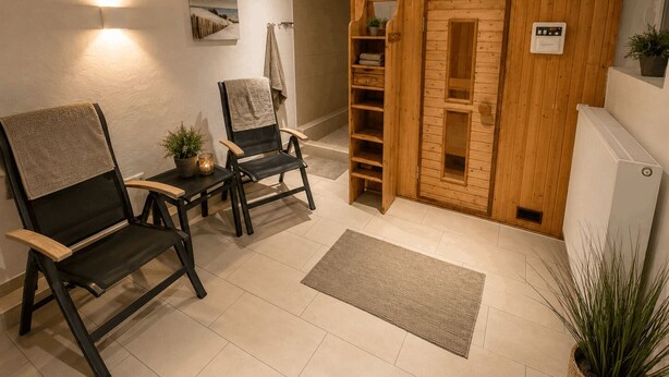 A modern room with a wooden wardrobe, a bench, a chair, a small table with a plant, and a wall-mounted light fixture. - Top vacation home,7 p.,sauna,2 baths,WLAN,fireplace,beach kitchen,terrace,dog,playground (Dornum)