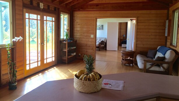 Interior de una cabaña de madera con comedor, sala de estar y dormitorio.