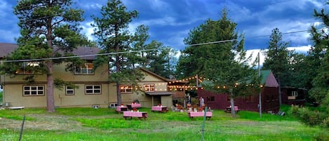Un edificio rústico con mesas de picnic y luces colgantes, rodeado de árboles y una zona cubierta de césped.