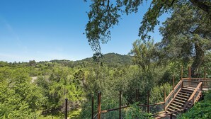A wooden staircase with metal railings leading up a hill, surrounded by dense greenery and trees. - Riverstone Estate sleeps 12 Pool Bocce Spa (Healdsburg)