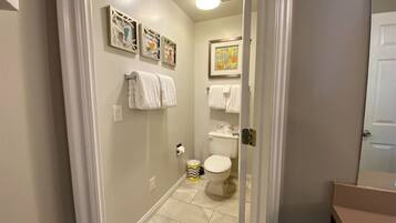 A bathroom with a toilet, a sink, and a mirror. There are towels hanging on the wall and a trash can.